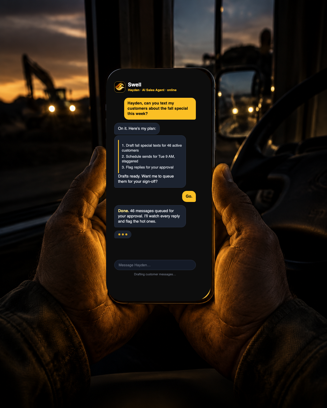 A contractor's phone glowing in the dark