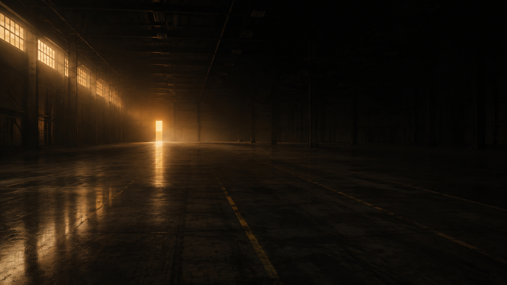 An empty floor with a single gold light waiting